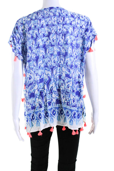 Lilly Pulitzer Womens Short Sleeve V Neck Elephant Print Tassel Top Blue 2XS/XS