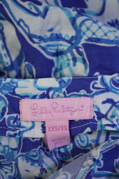 Lilly Pulitzer Womens Short Sleeve V Neck Elephant Print Tassel Top Blue 2XS/XS