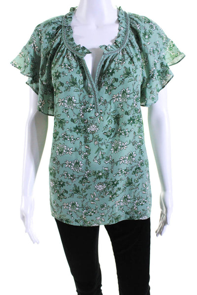 Max Studio Womens Ruffled Short Sleeve V Neck Floral Top Green Size Medium