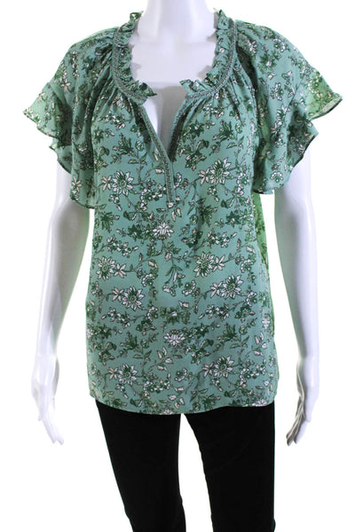 Max Studio Womens Ruffled Short Sleeve V Neck Floral Top Green Size Medium