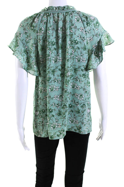 Max Studio Womens Ruffled Short Sleeve V Neck Floral Top Green Size Medium