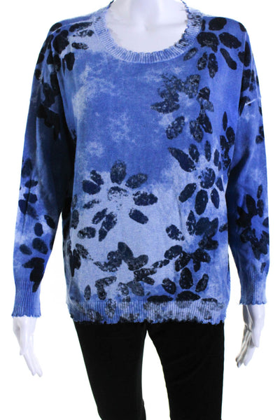 Nic + Zoe Womens Pullover Crew Neck Floral Knit Sweater Blue Cotton Size PM