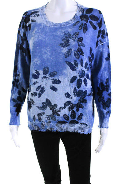 Nic + Zoe Womens Pullover Crew Neck Floral Knit Sweater Blue Cotton Size PM