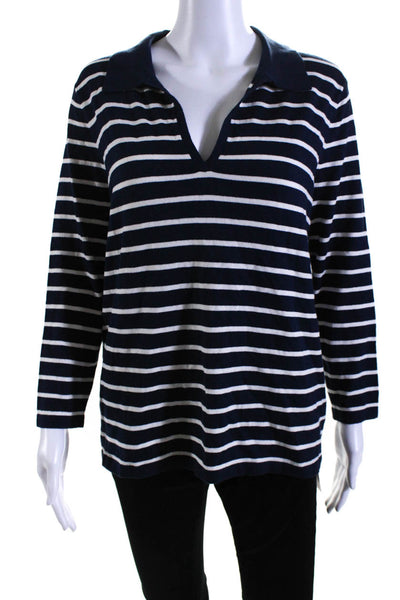 J. Mclaughlin Womens 3/4 Sleeve Collared V Neck Striped Sweater Navy White Large