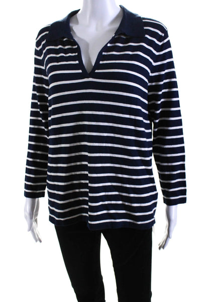 J. Mclaughlin Womens 3/4 Sleeve Collared V Neck Striped Sweater Navy White Large