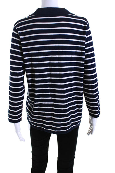 J. Mclaughlin Womens 3/4 Sleeve Collared V Neck Striped Sweater Navy White Large