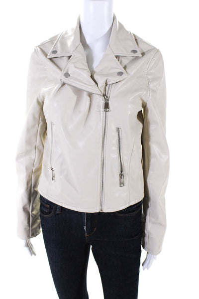 Steve Madden Womens Front Zip Notched Lapel Faux Leather Jacket Eggshell Small