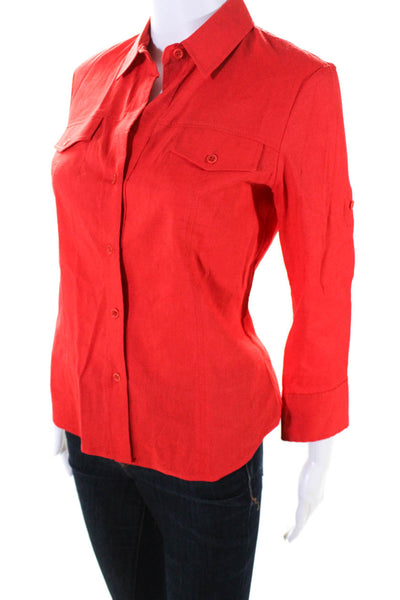 Theory Womens Linen Blend Collared Long Sleeve Button Up Blouse Top Red Size S