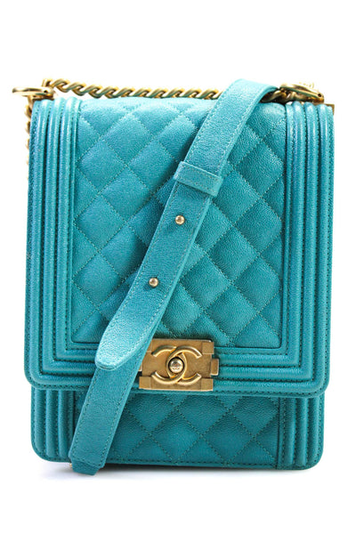 Chanel Womens CC Push Lock Caviar Leather North South Boy Flap Bag Handbag Blue