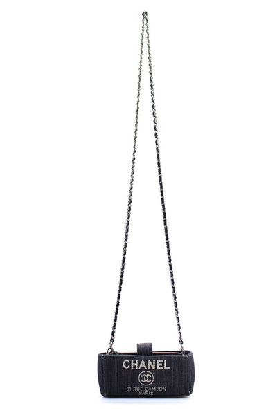Chanel Deauville Snap Top Denim Logo Mini Clutch Handbag With Chain Blue