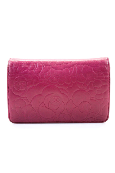 Chanel Womens CC Lambskin Camellia Embossed Wallet On A Chain Fuchsia