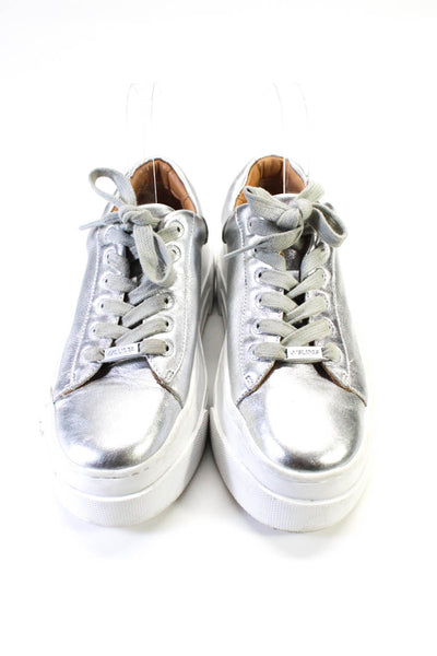 J/Slides Womens Metallic Leather Lace Up Low Top Platform Sneakers Silver Size 7