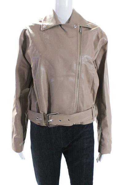 Lovers + Friends Womens Faux Leather Motorcycle Jacket Beige Size Extra Small