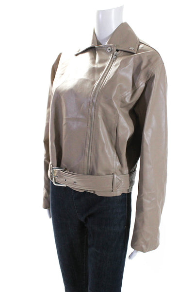 Lovers + Friends Womens Faux Leather Motorcycle Jacket Beige Size Extra Small