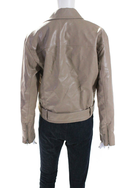 Lovers + Friends Womens Faux Leather Motorcycle Jacket Beige Size Extra Small