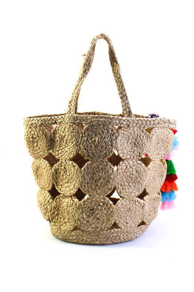 Shiraleah Womens Woven Braided Jute Circle Rainbow Tassel Tote Handbag Natural
