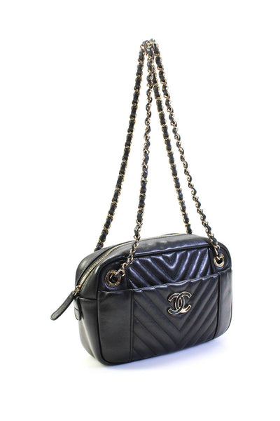 Chanel Womens Zip Top CC Leather Chevron Daily Camera Case Bag Handbag Black
