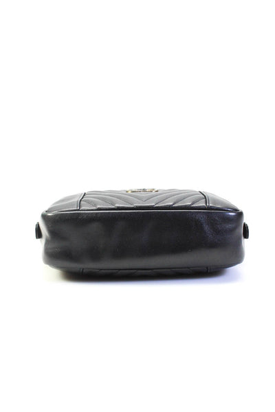 Chanel Womens Zip Top CC Leather Chevron Daily Camera Case Bag Handbag Black