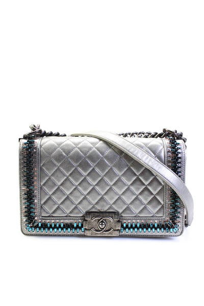 Chanel Womens Metallic Quilted Embellished Old Medium Boy Bag Handbag Silver