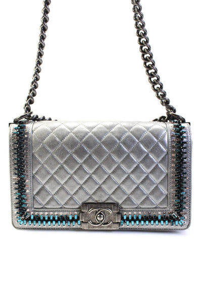 Chanel Womens Metallic Quilted Embellished Old Medium Boy Bag Handbag Silver