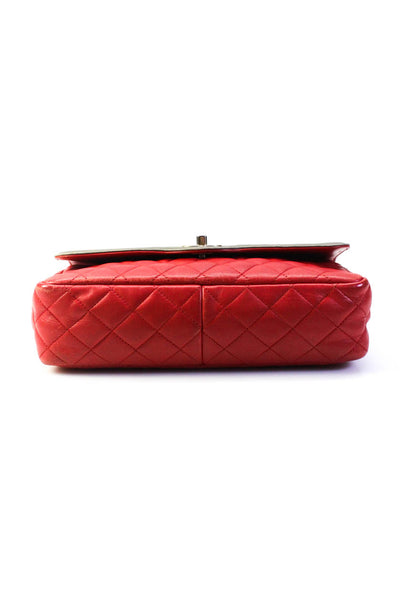 Chanel Womens Lambskin Quilted Two Tone Medium Flap Bag Handbag Red Gray