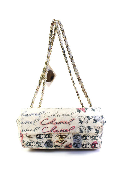 Chanel Womens Quilted Rue Cambon Graffiti Printed Small Flap Bag Handbag White