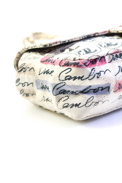 Chanel Womens Quilted Rue Cambon Graffiti Printed Small Flap Bag Handbag White