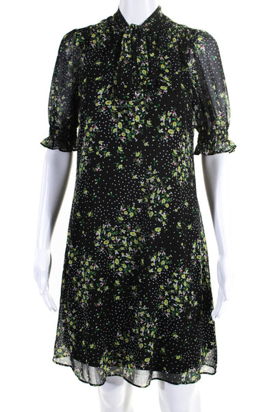 DKNY Womens Floral Print Tie Collar Short Sleeve Shift Dress Black Size 4