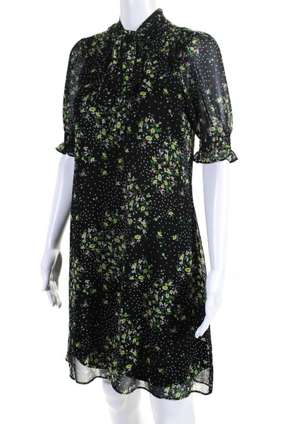 DKNY Womens Floral Print Tie Collar Short Sleeve Shift Dress Black Size 4