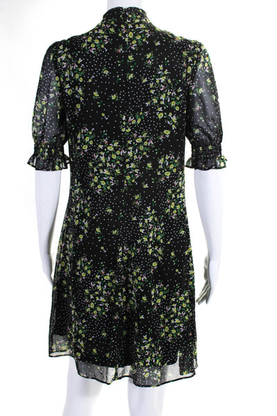 DKNY Womens Floral Print Tie Collar Short Sleeve Shift Dress Black Size 4