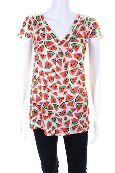 Maeve Anthropologie Womens Crepe Watermelon Print V-Neck Blouse White Size 6