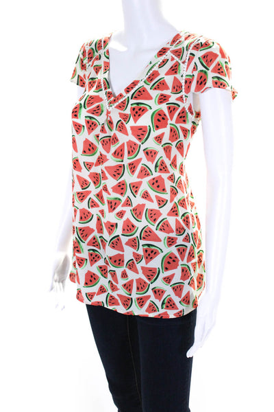 Maeve Anthropologie Womens Crepe Watermelon Print V-Neck Blouse White Size 6