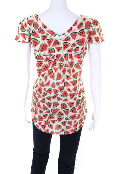 Maeve Anthropologie Womens Crepe Watermelon Print V-Neck Blouse White Size 6