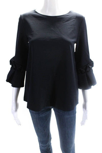 COS Womens Pleated Round Neck 3/4 Sleeve Pullover Blouse Top Navy Size XS