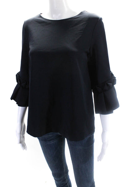 COS Womens Pleated Round Neck 3/4 Sleeve Pullover Blouse Top Navy Size XS