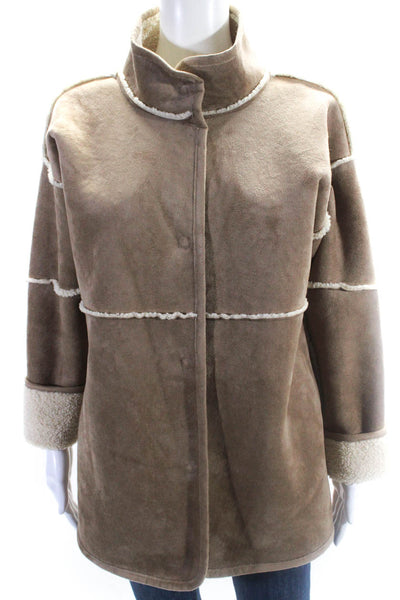 Velvet Womens Faux Suede High Neck Long Sleeve Button Up Coat Beige Size S