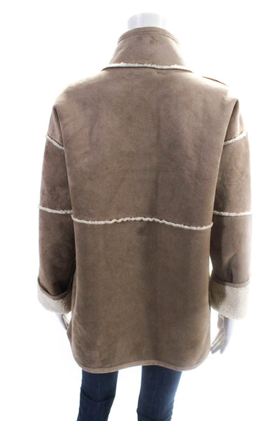 Velvet Womens Faux Suede High Neck Long Sleeve Button Up Coat Beige Size S