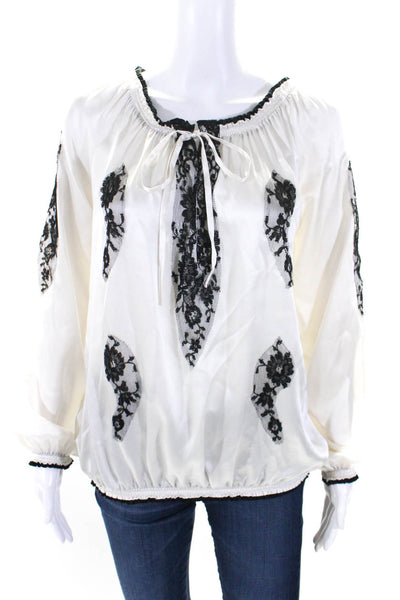 Vanita Rosa Womens Silk Long Sleeve V Neck Lace Trim Blouse White Size M