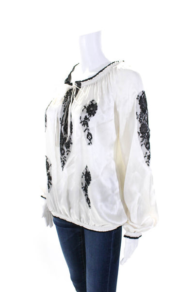 Vanita Rosa Womens Silk Long Sleeve V Neck Lace Trim Blouse White Size M