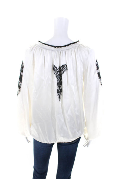 Vanita Rosa Womens Silk Long Sleeve V Neck Lace Trim Blouse White Size M