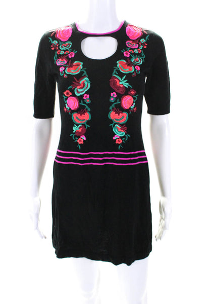 Nanette Lepore Womens Embroidered Floral Keyhole Sweater Dress Black Size XS