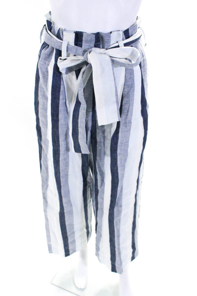 Point Sur Womens Linen Striped Colorblock High Waist Straight Pants Blue Size 4