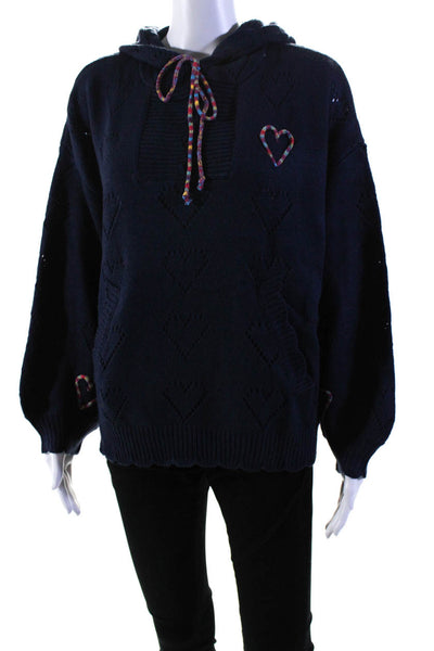 & Merci Womens Open Heart Knit V-Neck Hooded Sweater Top Navy Blue Size S