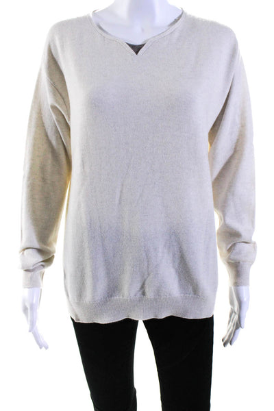 Brunello Cucinelli Womens Cashmere Knit Beaded Long Sleeve Sweater Beige Size M