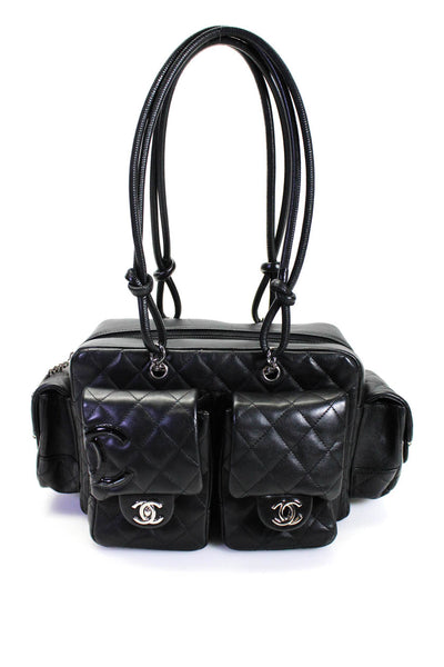 Chanel Womens Quilted Leather Multi-Pocket Cambon Shoulder Bag Black Handbag