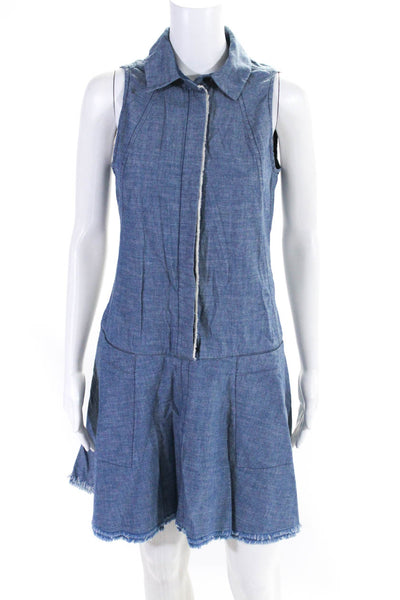 Proenza Schouler Womens Button Up Sleeveless Collared Woven Fringe Dress Blue 0