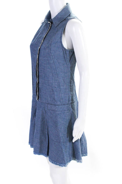 Proenza Schouler Womens Button Up Sleeveless Collared Woven Fringe Dress Blue 0