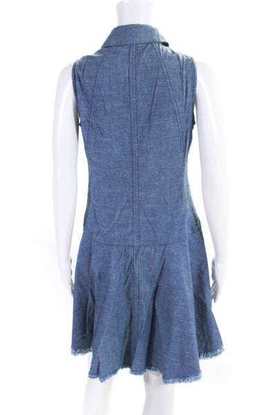 Proenza Schouler Womens Button Up Sleeveless Collared Woven Fringe Dress Blue 0