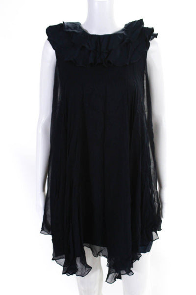 Camilla And Marc Womens Sleeveless Ruffled Crew Neck Silk Dress Navy Size 2