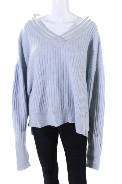 Bonnie Young Womens Light Blue Ribbed V-Neck Pullover Sweater Top Size L